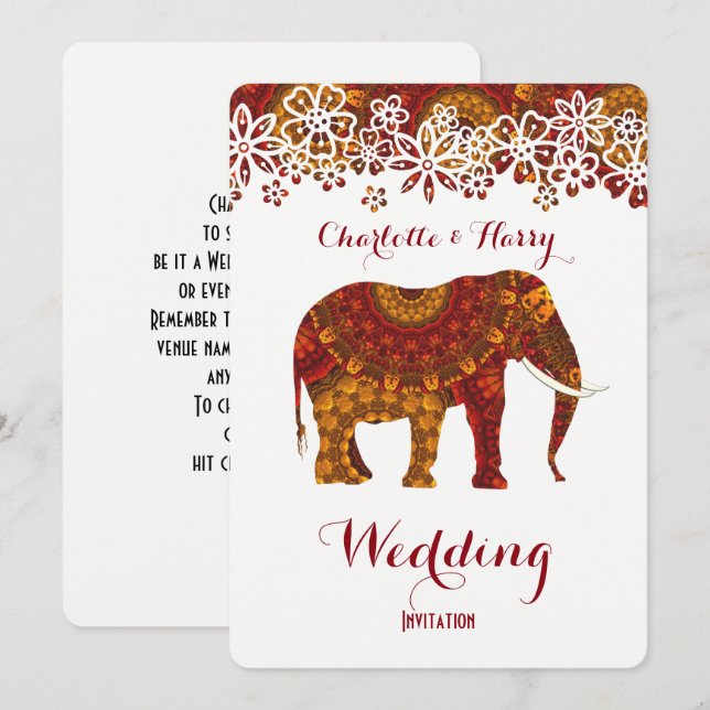 Invitación Diseño de elefantes orgánicos indios decorados (Anverso / Reverso)