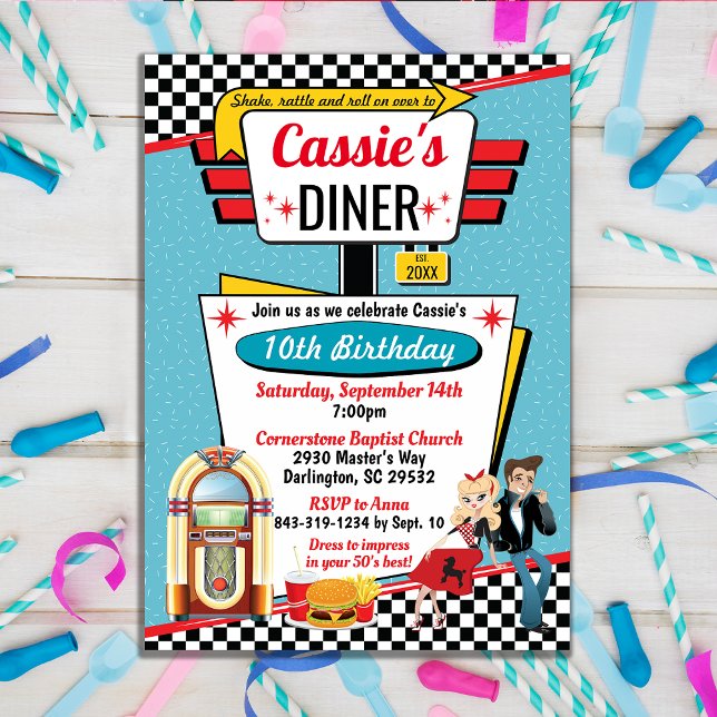 Invitación Diseño de fiesta de cumpleaños Diner Retro de la V (Subido por el creador)