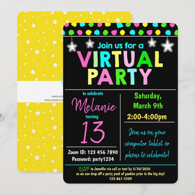 Invitación Diseño de fiesta de cumpleaños virtual (Anverso / Reverso)