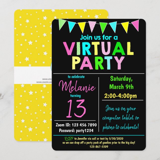 Invitación Diseño de fiesta de cumpleaños virtual (Anverso / Reverso)