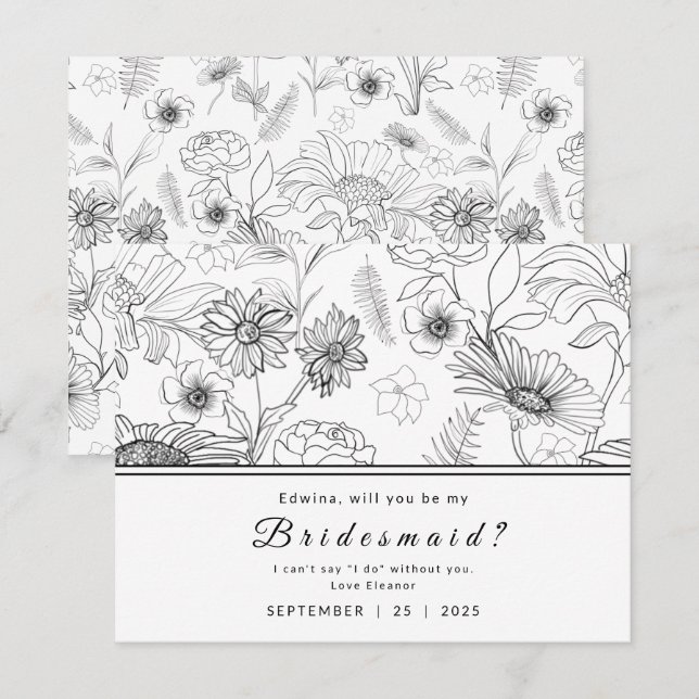 Invitación Diseño de flores de margarita en blanco y negro Sé (Anverso / Reverso)