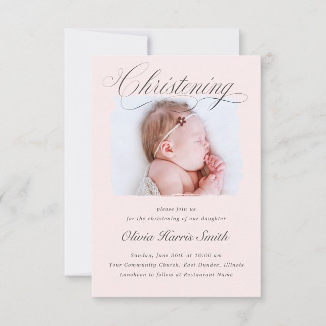 Invitación Diseño de Foto Bautizo con Letra Script y Tono Ros (Anverso)