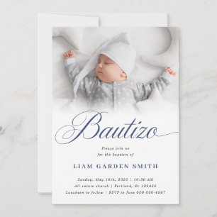 Invitación Diseño de foto de bautizo con letra blanca serena