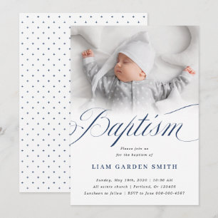 Invitación Diseño de foto de bautizo con letra cursiva blanca