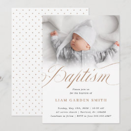 Invitación Diseño de foto de bautizo sereno en blanco y taupe