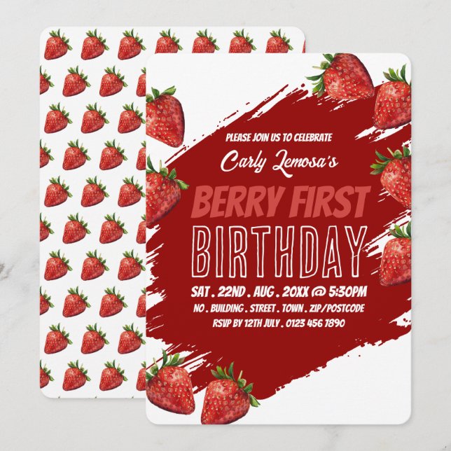 Invitación Diseño de fresa, primer cumpleaños de Berry (Anverso / Reverso)