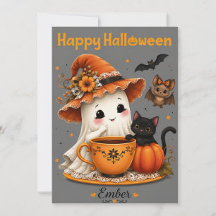 Invitación Diseño de Halloween de Fantasma Lindo y Gato Negro