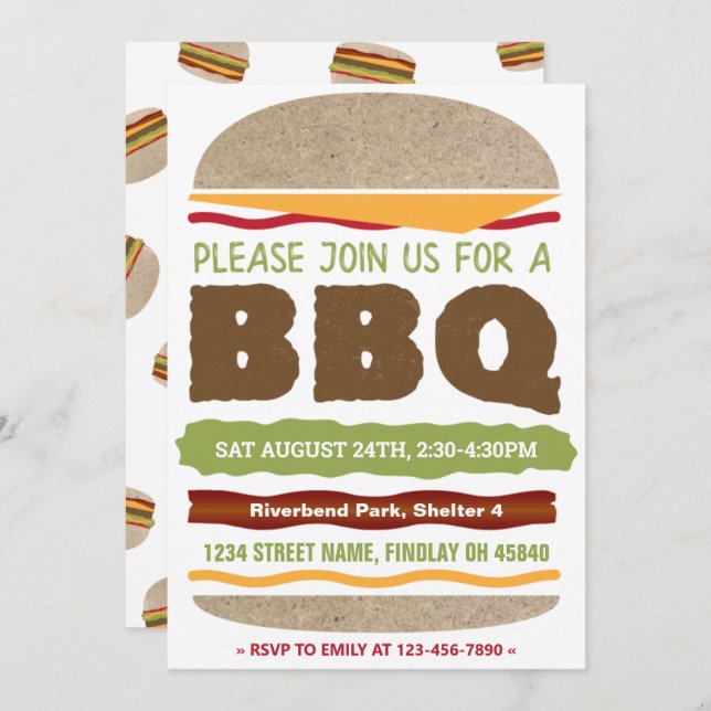 Invitación Diseño de hamburguesa para BBQ de verano en el pat (Anverso / Reverso)