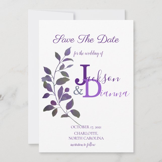 Invitación Diseño de hoja de Boda púrpura Guardar fecha (Anverso)