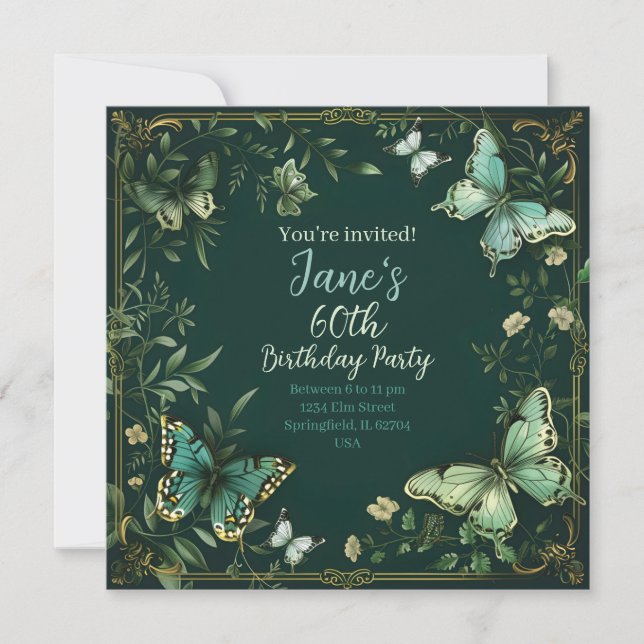 Invitación Diseño de jardín floral verde y de mariposas (Anverso)