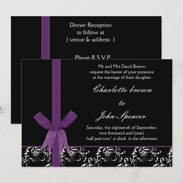 Invitación Diseño de la cinta Black Purple White Damask FAUX (Anverso / Reverso)