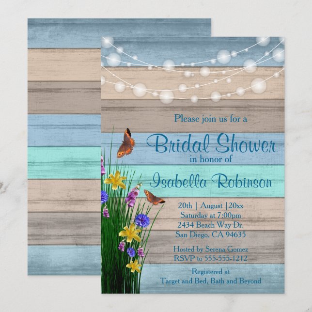 Invitación Diseño de la ducha de flores silvestres Wood Brida (Anverso / Reverso)