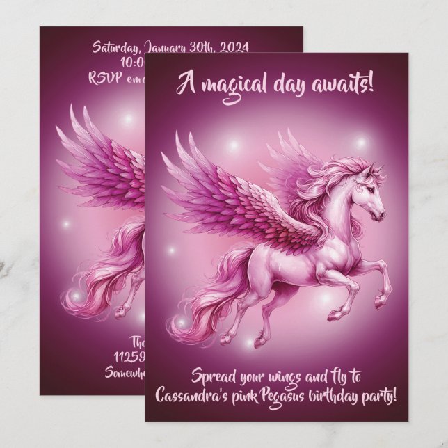 Invitación Diseño de la fantasía de Birday Pink Pegasus (Anverso / Reverso)