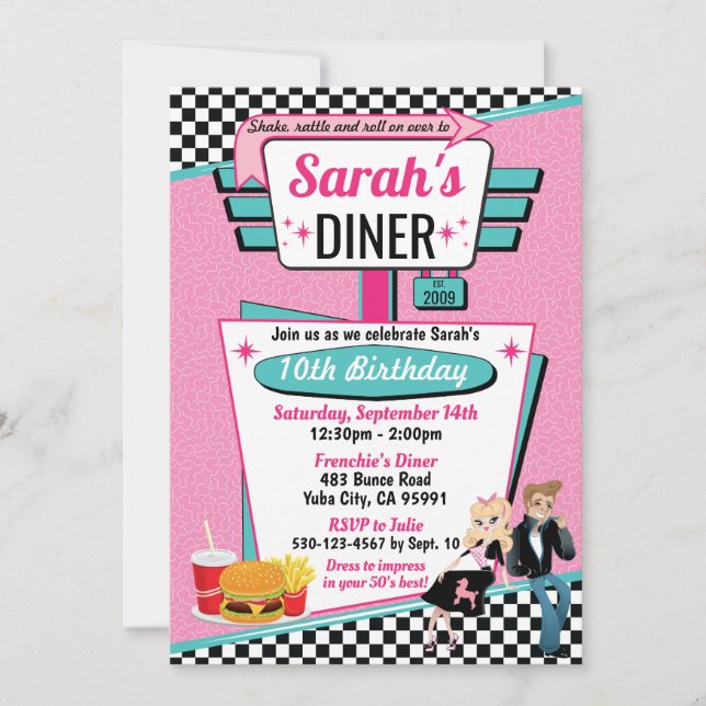 Invitación Diseño de la fiesta de cumpleaños Diner Retro de l (Anverso)