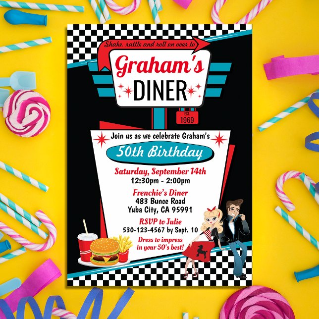 Invitación Diseño de la fiesta de cumpleaños Diner Retro de l (Subido por el creador)
