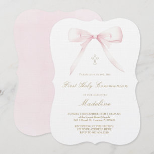 Invitación diseño de lazo rosa niña de Primera Comunión