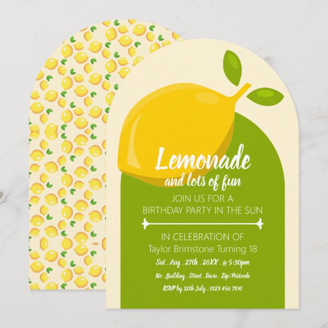 Invitación Diseño de limón, Lemonade y muchos cumpleaños dive (Anverso / Reverso)
