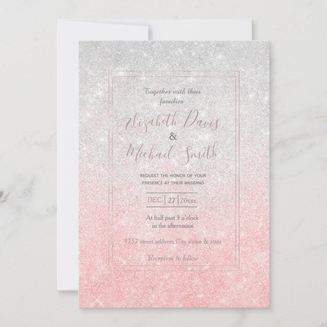 Invitación Diseño de lujo Ombre, Purpurina rosa y plateado (Anverso)