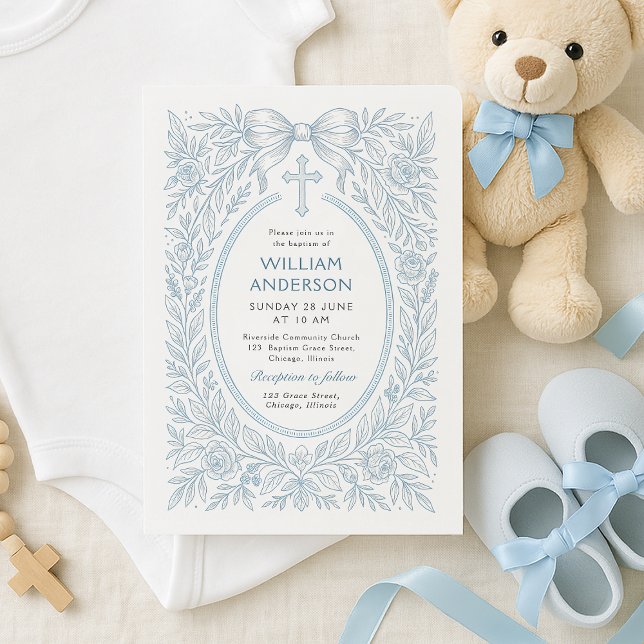 Invitación Diseño de marco de bautizo floral azul elegante (Vintage blue cross baptism invite styled with baby shoes, teddy bear, and soft fabric)