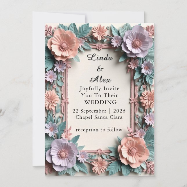 Invitación 🌿 Diseño de Marco de Boda Floral Suave 🌿 (Anverso)