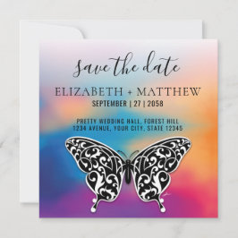 Invitación Diseño de mariposa elegante y puesta de sol colori