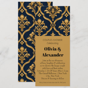 Invitación Diseño de Motivo Vintage de Damasco Dorado y Azul