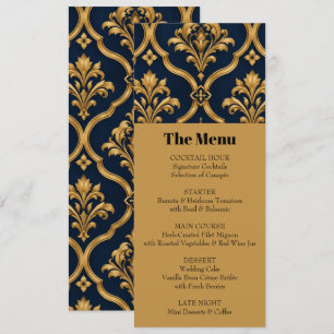 Invitación Diseño de Motivo Vintage de Damasco Dorado y Azul