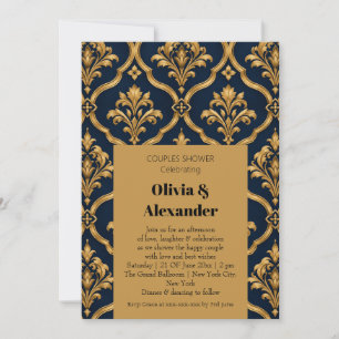 Invitación Diseño de Motivo Vintage de Damasco Dorado y Azul 