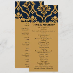Invitación Diseño de Motivo Vintage de Damasco Dorado y Azul