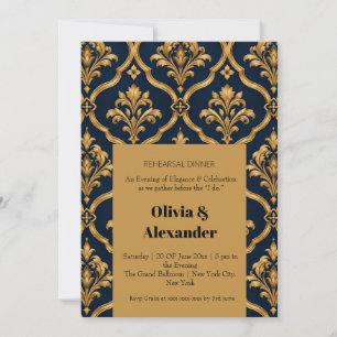 Invitación Diseño de Motivo Vintage de Damasco Dorado y Azul
