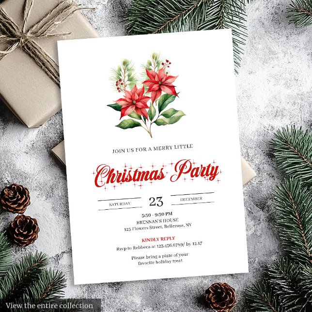 Invitación Diseño de Navidad editable con poinsettia roja mod (Modern Red Poinsettia Editable Design christmas invitation

)