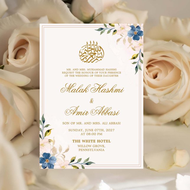Invitación Diseño de oro floral azul y blanco Boda islámico (Subido por el creador)