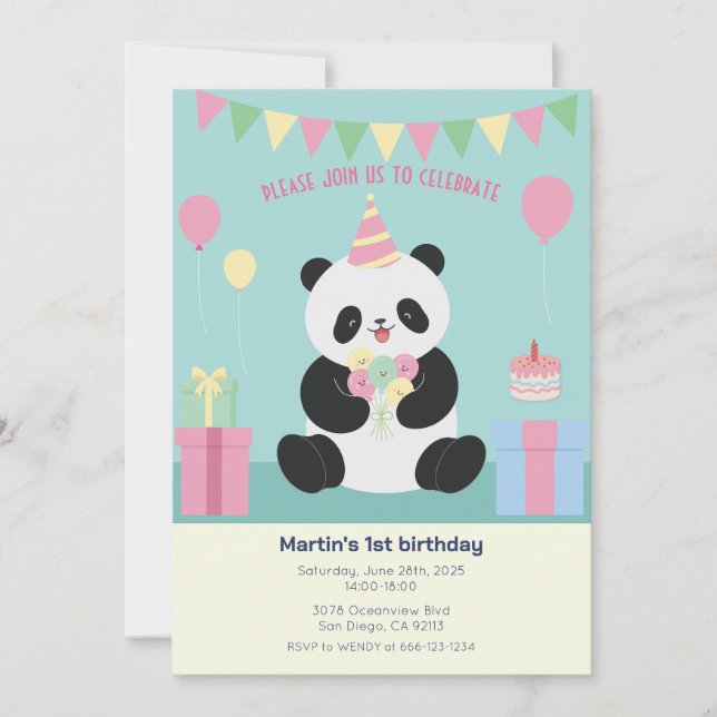 Invitación Diseño de panda dulce menta y rosa (Anverso)