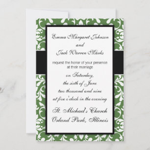 Invitación diseño de patrones de damasco de aves verdes y bla