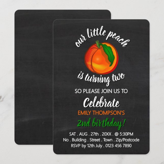 Invitación Diseño De Peach, Nuestro Pequeño Peach, Cumpleaños (Anverso / Reverso)