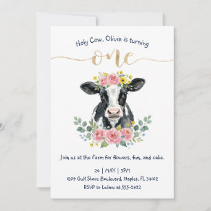 Invitación Diseño de primer cumpleaños de vaca floral linda