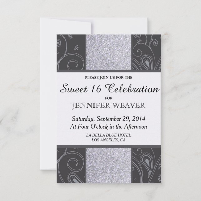 Invitación Diseño de Purpurina negro y plateado y Swirls (Anverso)
