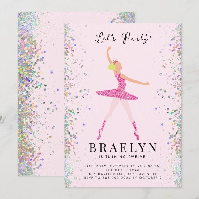 Invitación Diseño de Purpurina rosa del partido de cumpleaños (Anverso / Reverso)