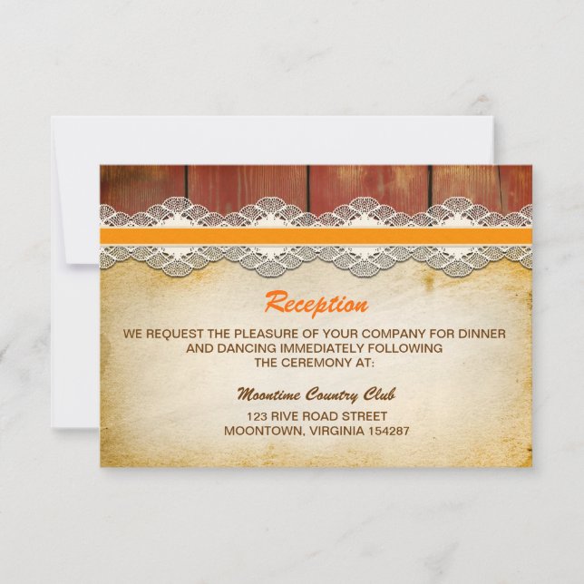 Invitación diseño de recepción de boda de madera y encaje (Anverso)