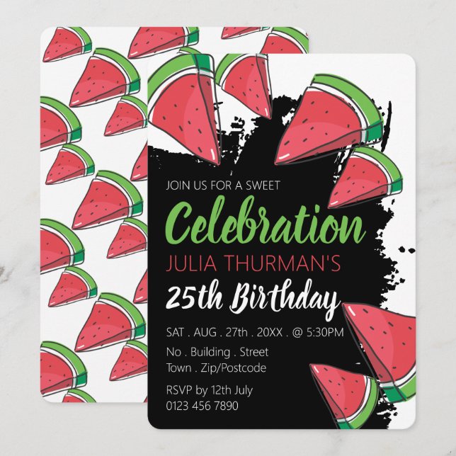 Invitación Diseño de sandía, celebración dulce cumpleaños (Anverso / Reverso)