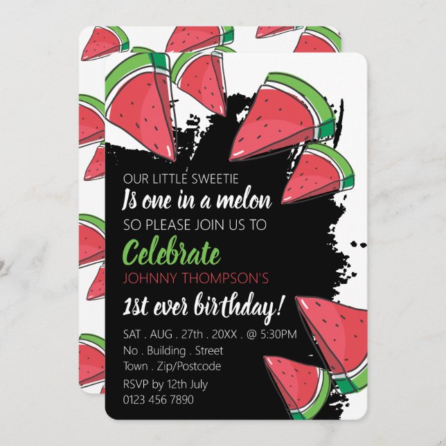 Invitación Diseño de sandía, uno en melón, primer cumpleaños (Anverso / Reverso)