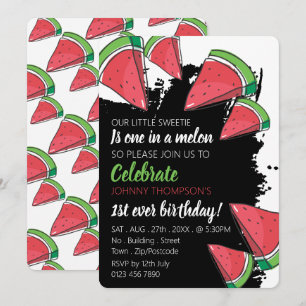 Invitación Diseño de sandía, uno en melón, primer cumpleaños