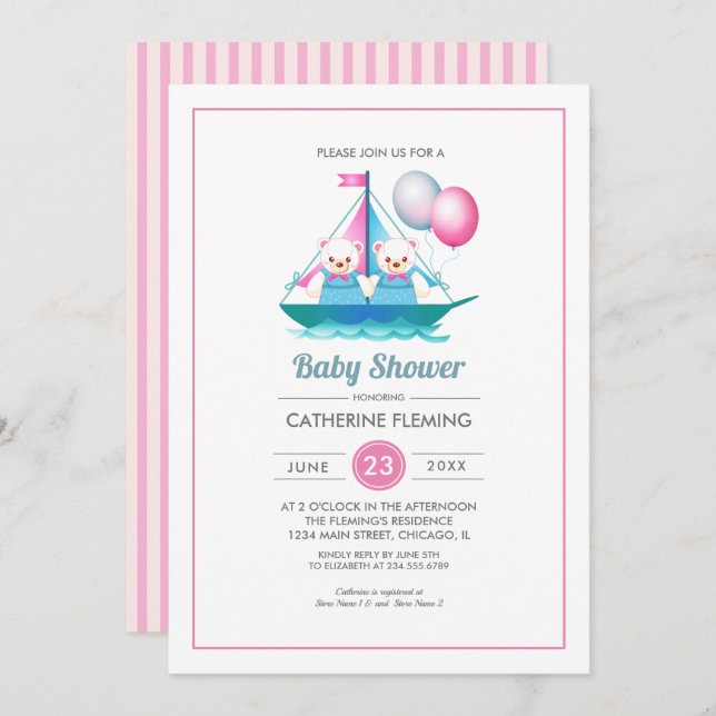 Invitación Diseño de Teddy Bear Chicas gemelos Baby Shower (Anverso / Reverso)