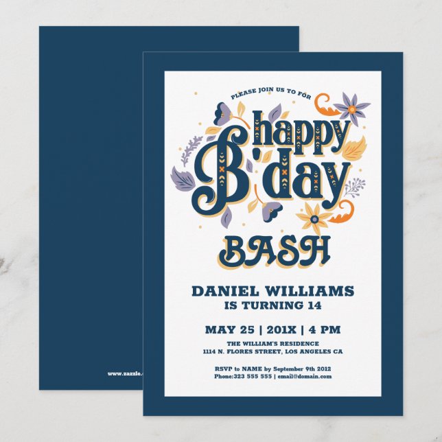 Invitación Diseño de tipografía retro feliz cumpleaños (Anverso / Reverso)
