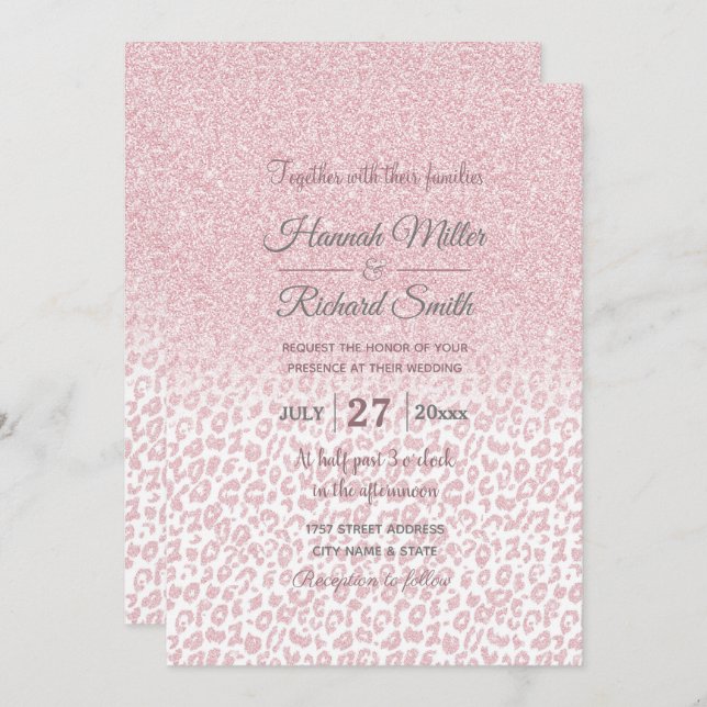 Invitación Diseño de tonos rosados y Purpurina de leopardo (Anverso / Reverso)
