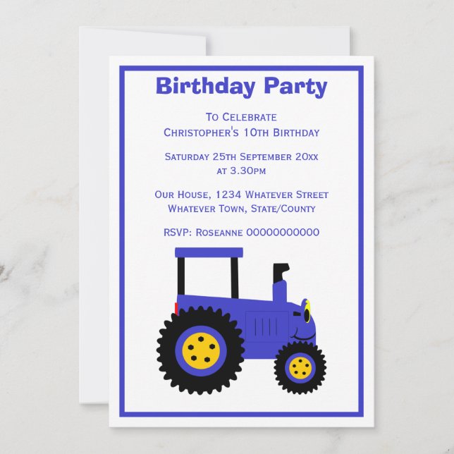 Invitación Diseño de Tractor Azul Fiesta de Cumpleaños Person (Anverso)
