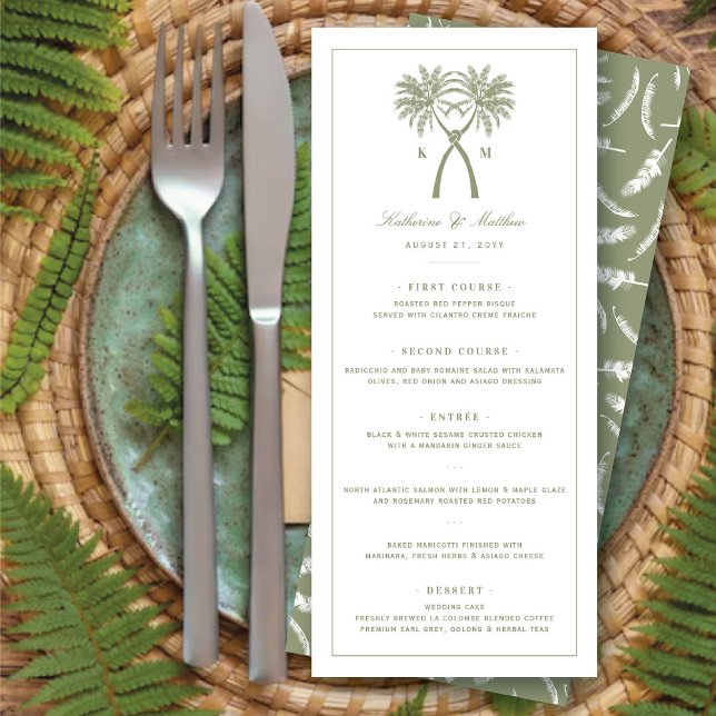 Invitación Diseño del menú Boda tropical de palmeras nubladas (Knotted Palm Trees Monogram Tropical Destination Wedding Menu Card @ fatfatin_blue_knot)