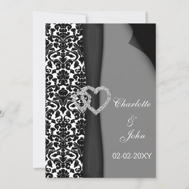 Invitación Diseño diamante de cinta FAUX de Damask blanco y n (Anverso)