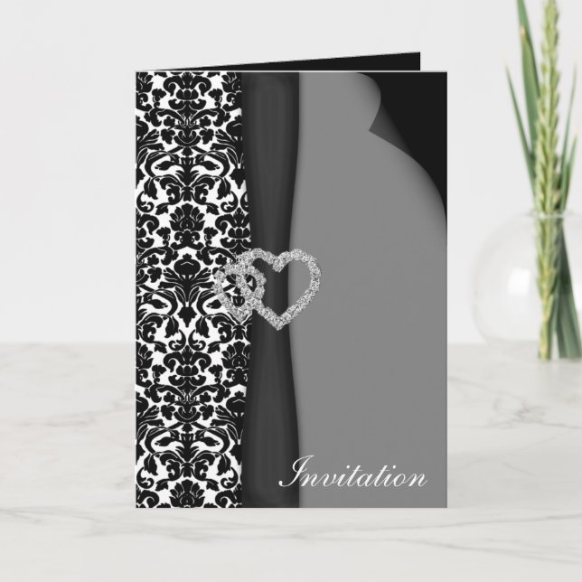 Invitación Diseño diamante de cinta FAUX de Damask blanco y n (Anverso)