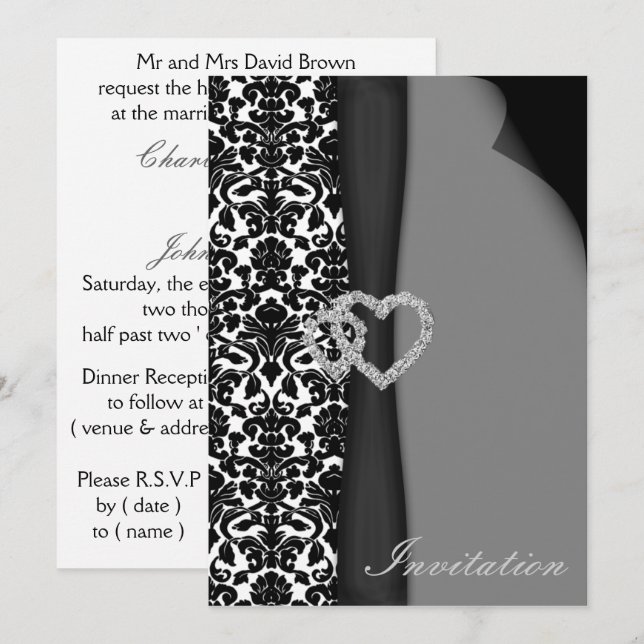 Invitación Diseño diamante de cinta FAUX de Damask blanco y n (Anverso / Reverso)